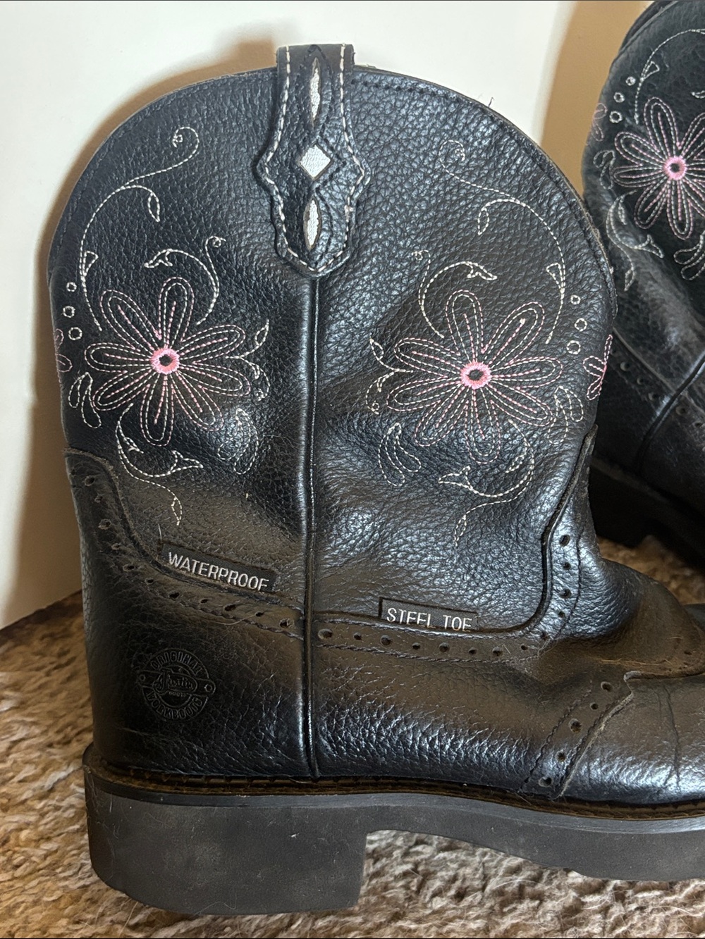 Justin Boots Black Leather Western Work Boots with Pink Flower Stitching - Picture 2 of 4